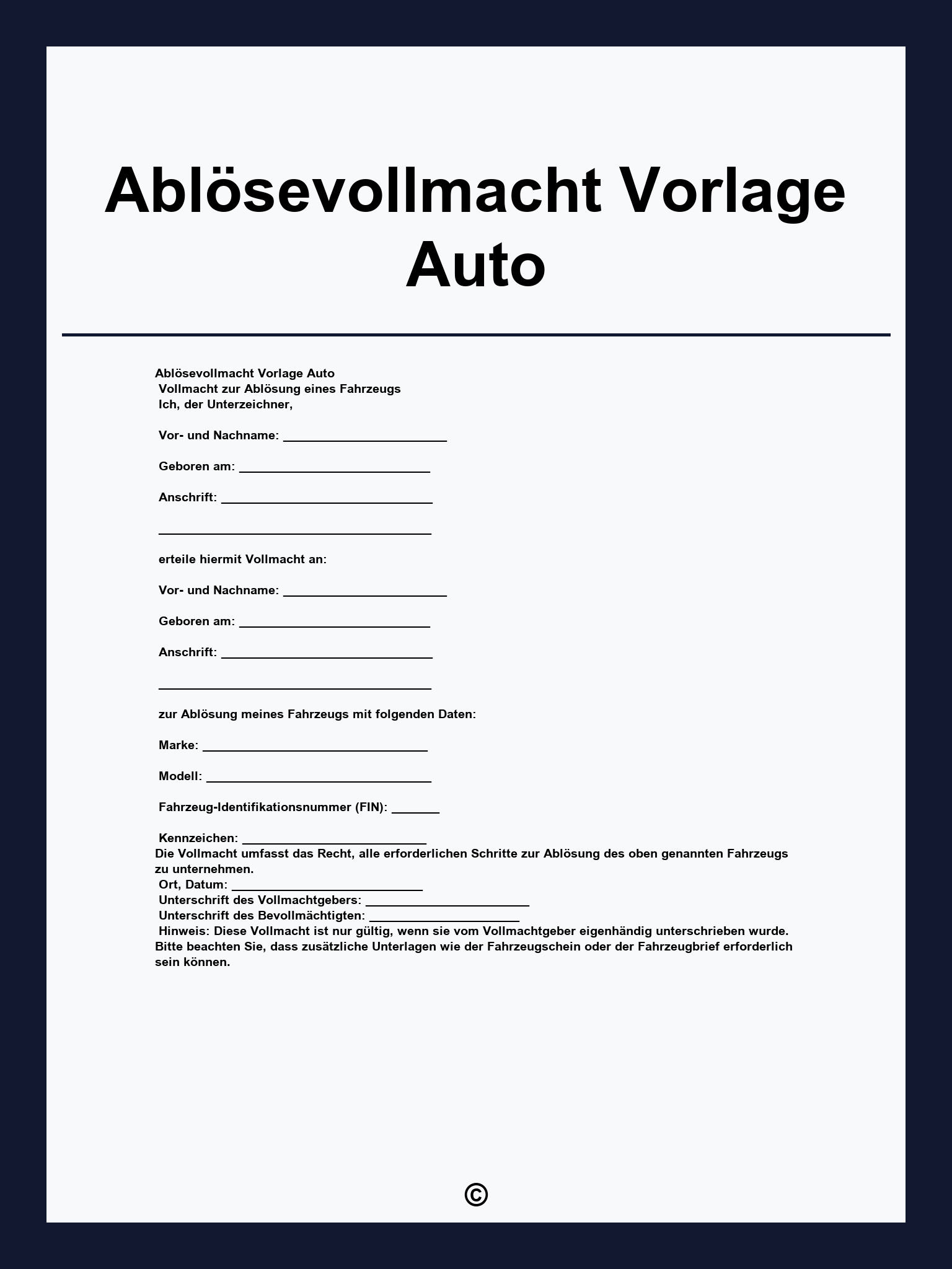 Ablösevollmacht Vorlage Auto