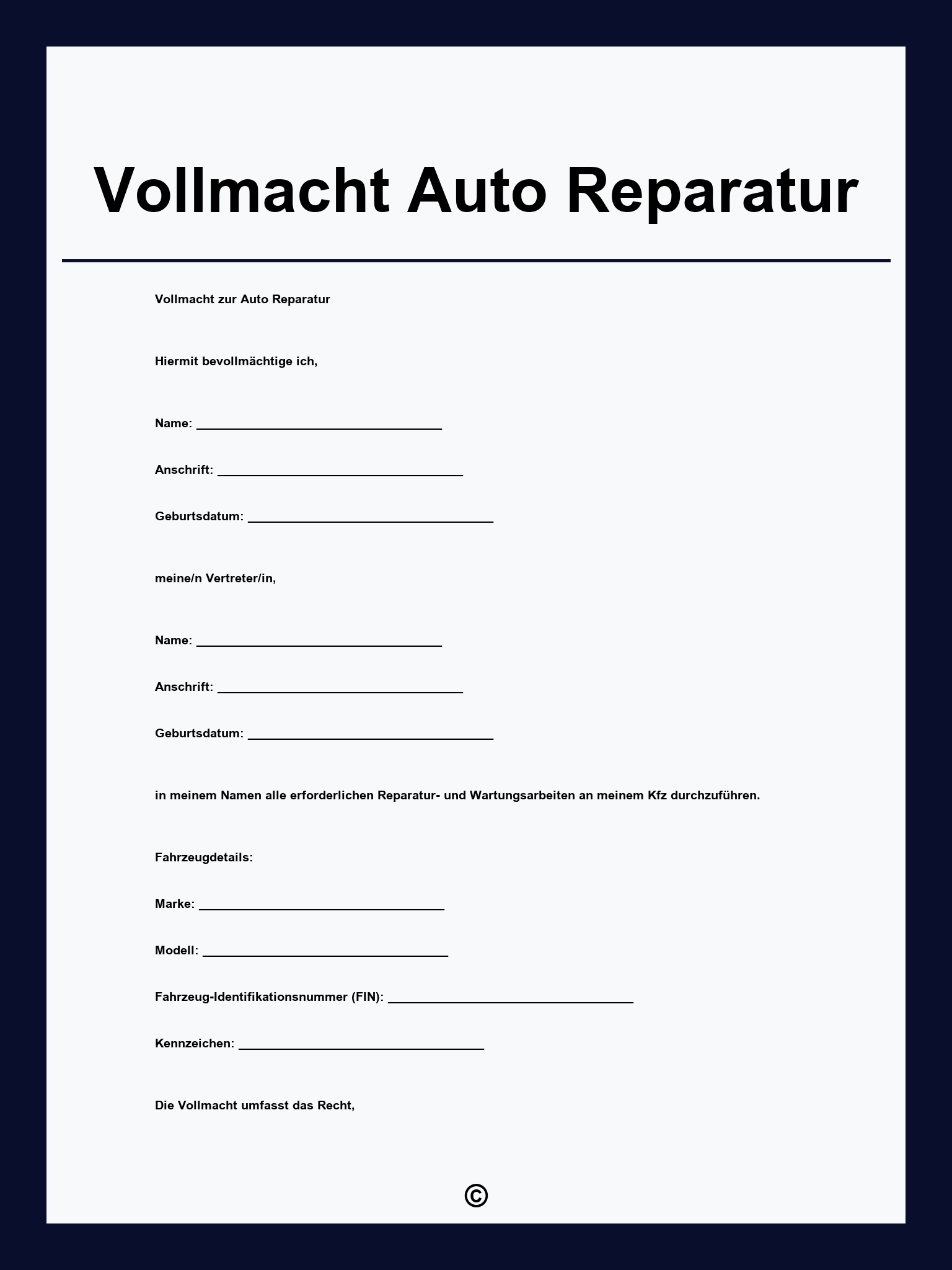 Vollmacht Auto Reparatur
