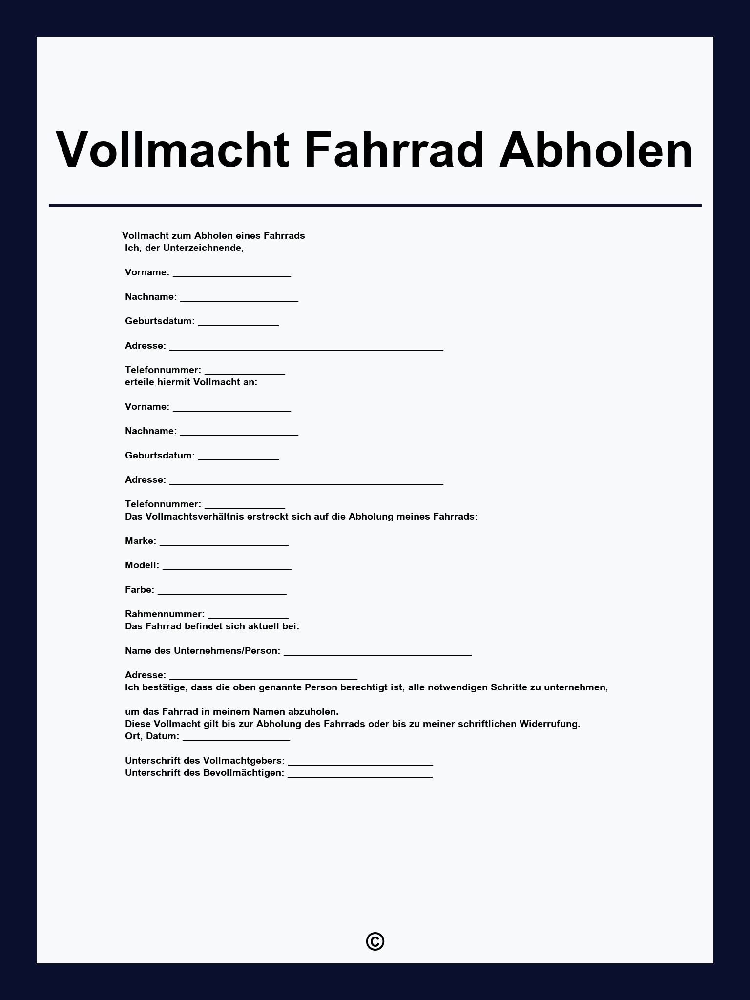 Vollmacht Fahrrad Abholen