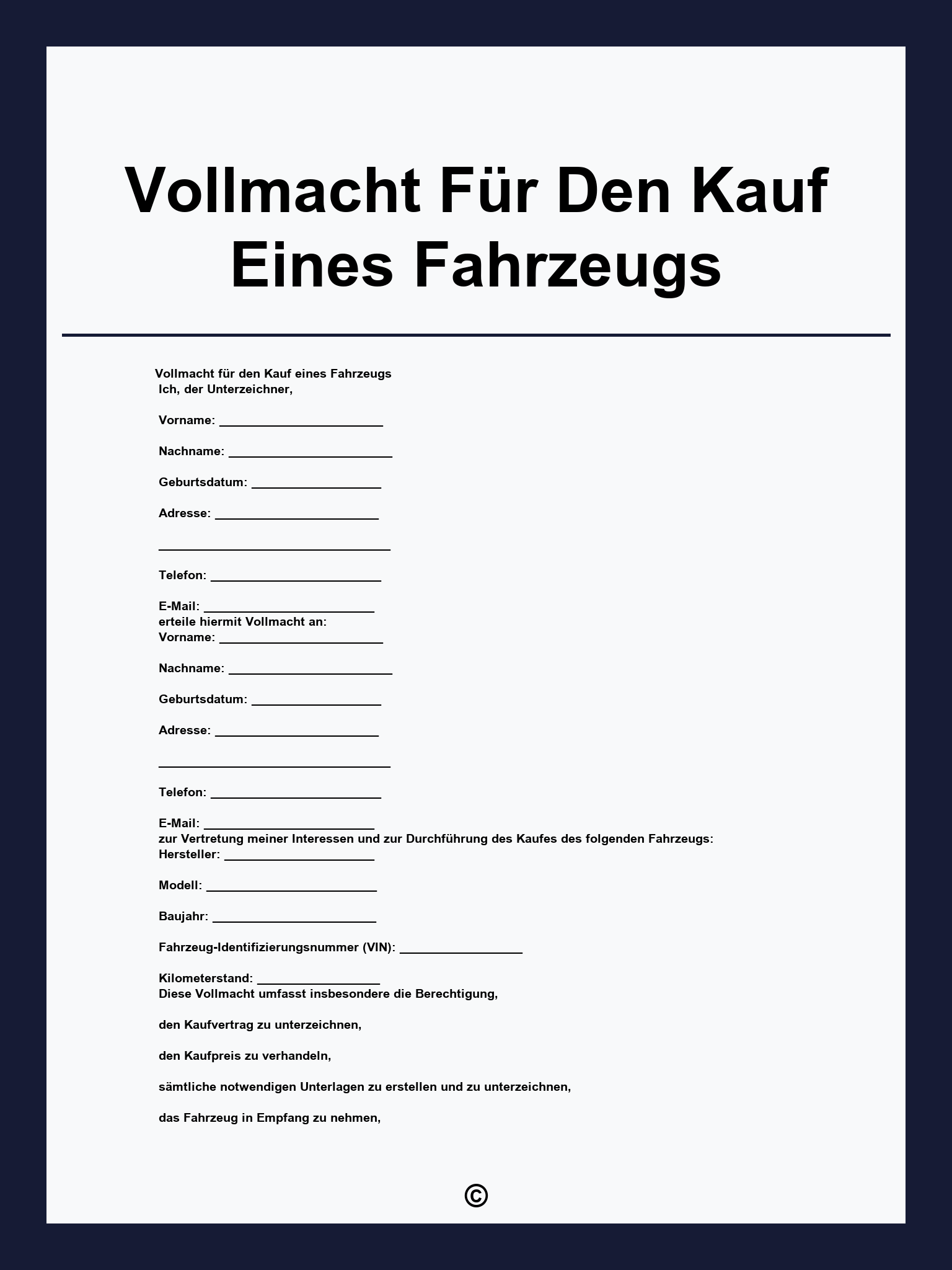 Vollmacht Für Den Kauf Eines Fahrzeugs