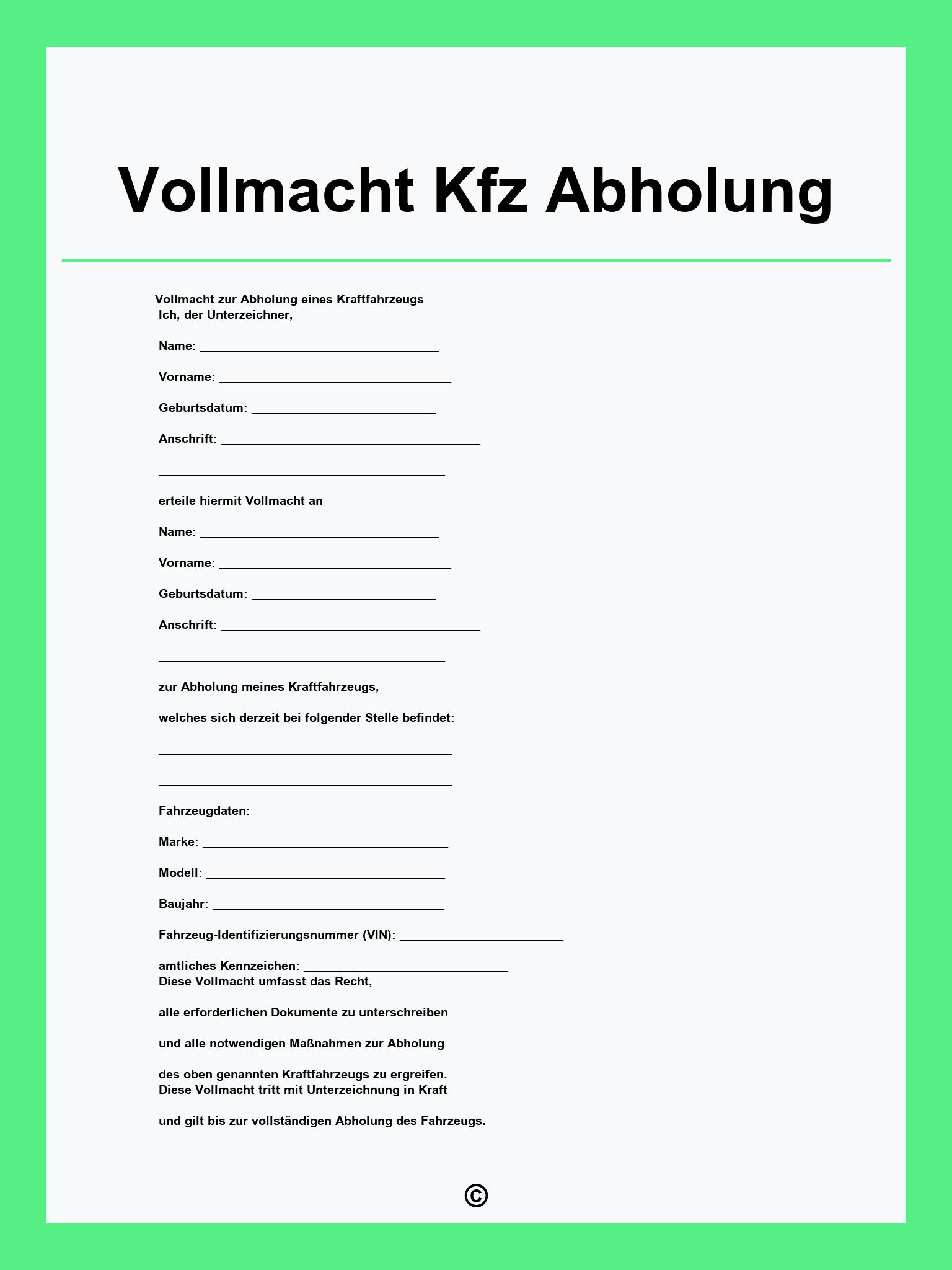 Vollmacht Kfz Abholung