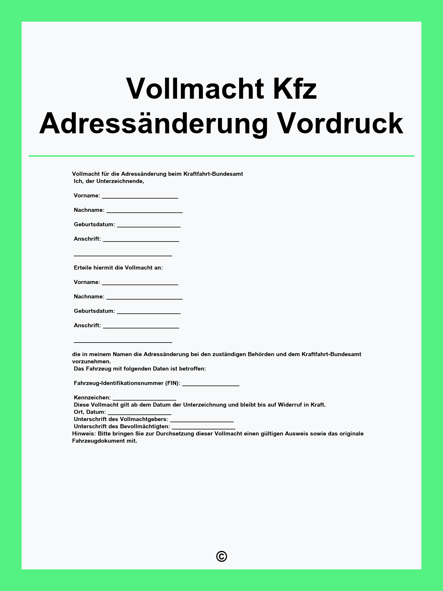 Vollmacht Kfz Adressänderung Vordruck