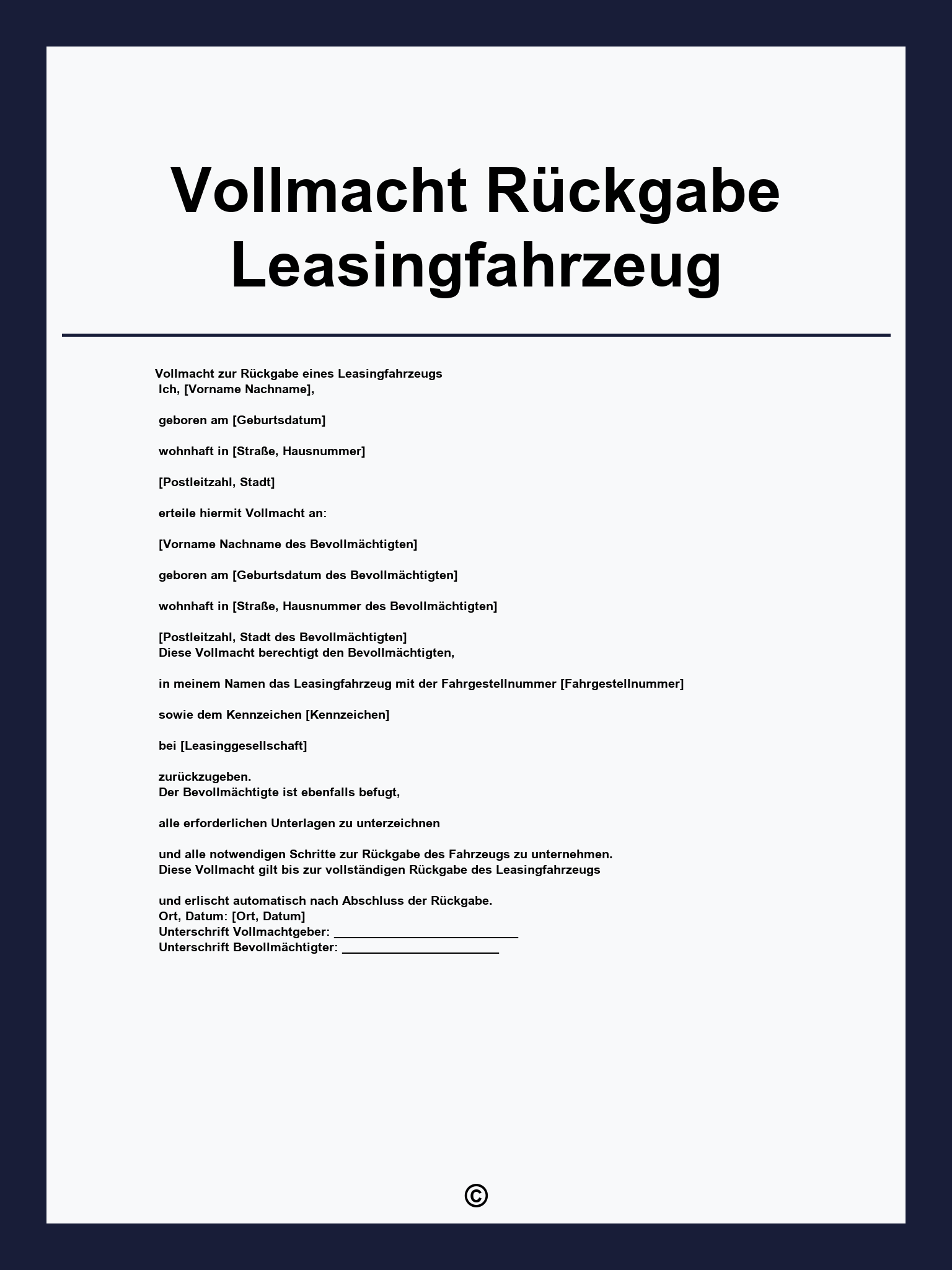 Vollmacht Rückgabe Leasingfahrzeug