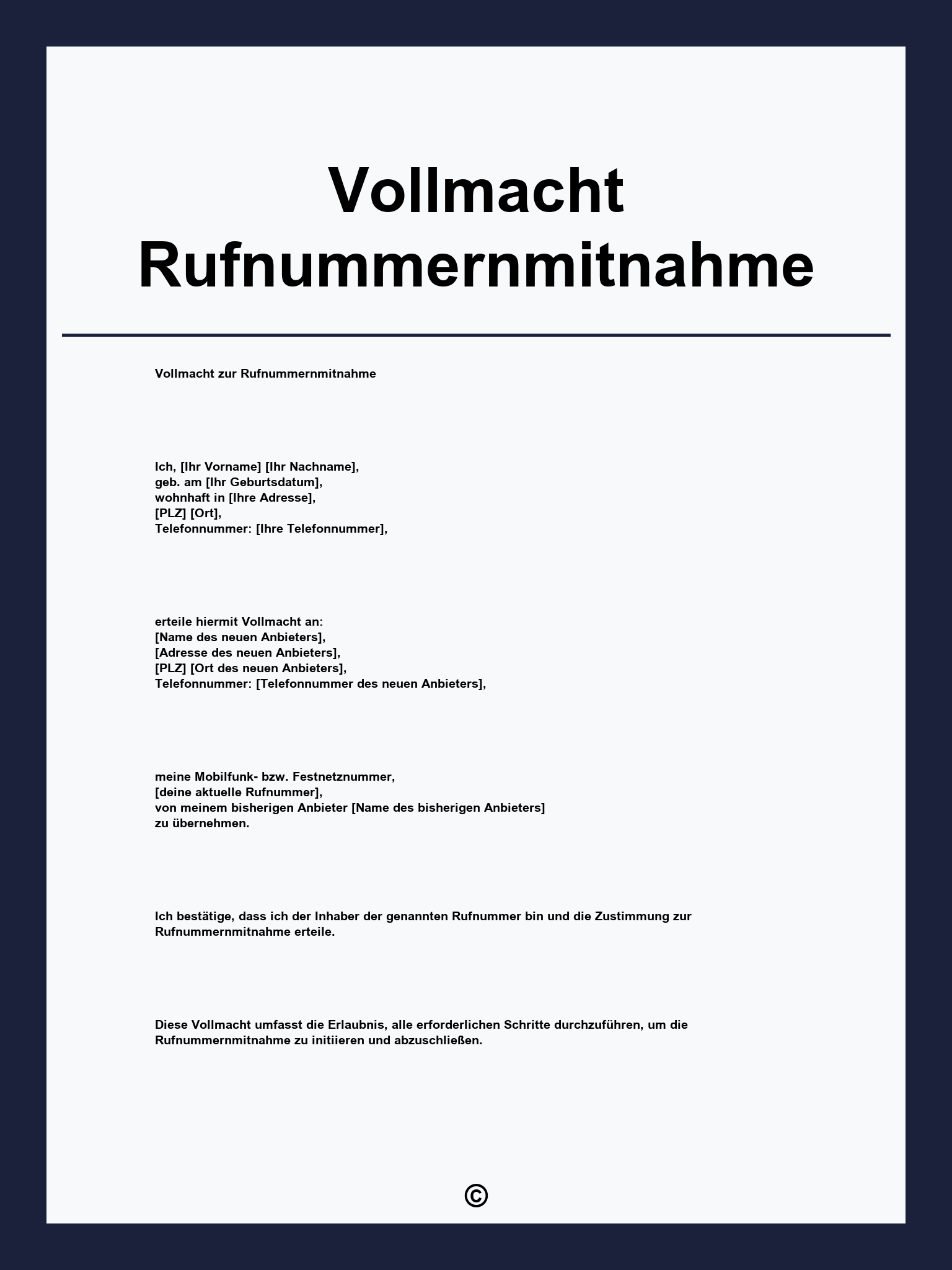 Vollmacht Rufnummernmitnahme